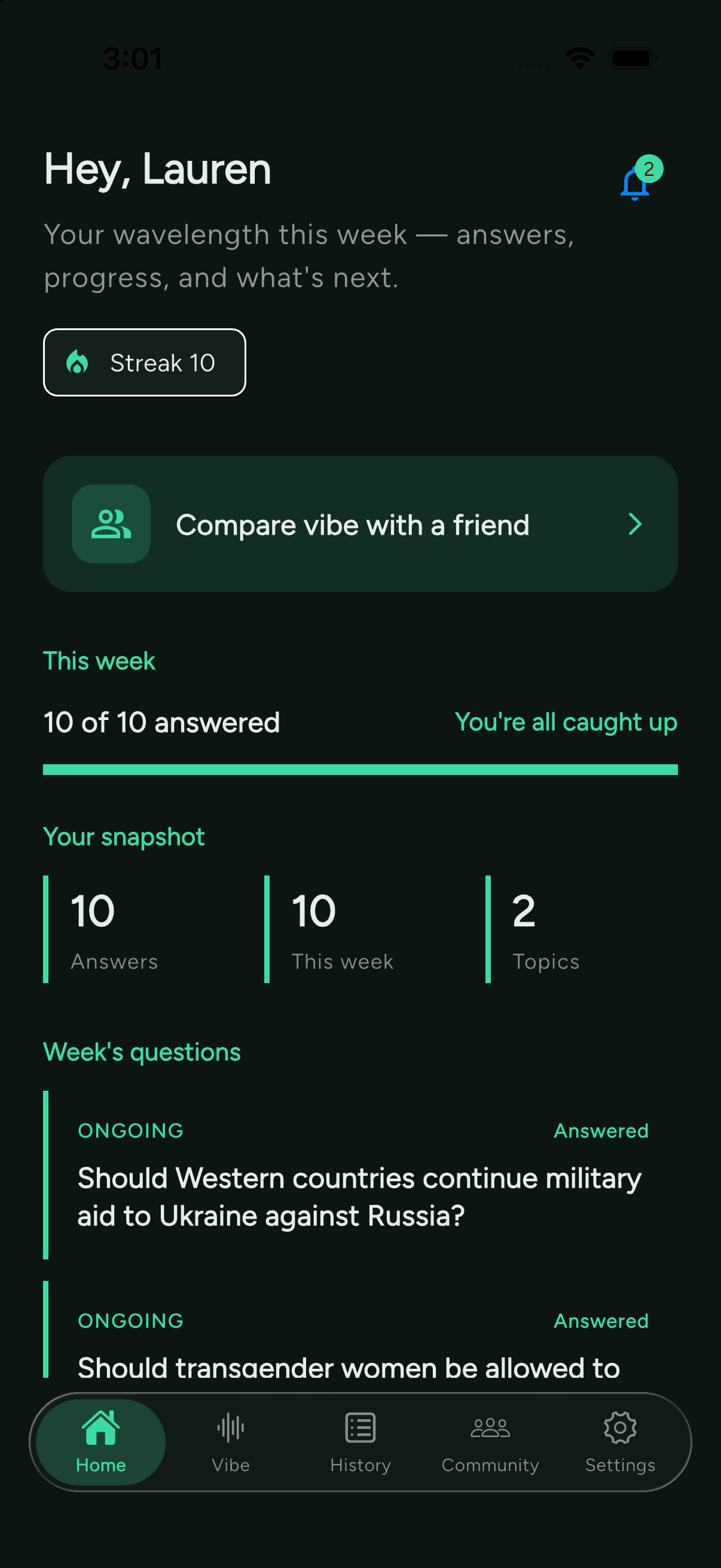 Wavelength home screen showing weekly progress and compare vibe