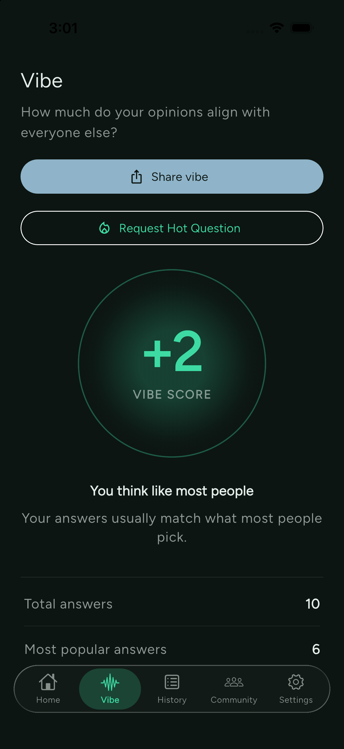 Vibe score screen with share vibe